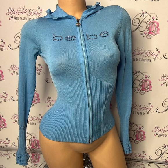 bebe Tops - Bebe ruffle sweater sorento blue 💎 bling Swarovski crystals frilly cuffs y2k